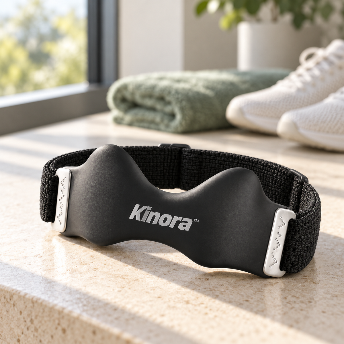 Kinora™ strap showing its shaped black pad, woven strap and silver side loops