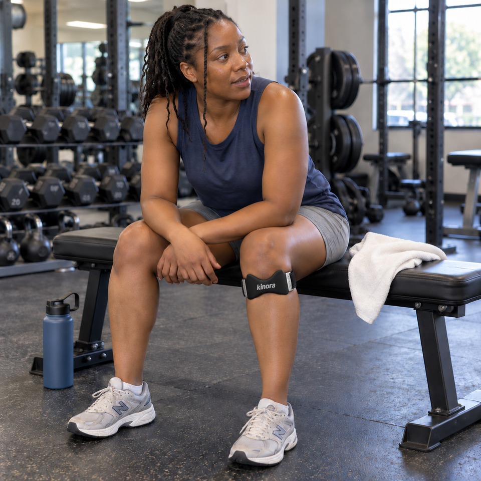 Woman resting between exercises with Kinora below her kneecap