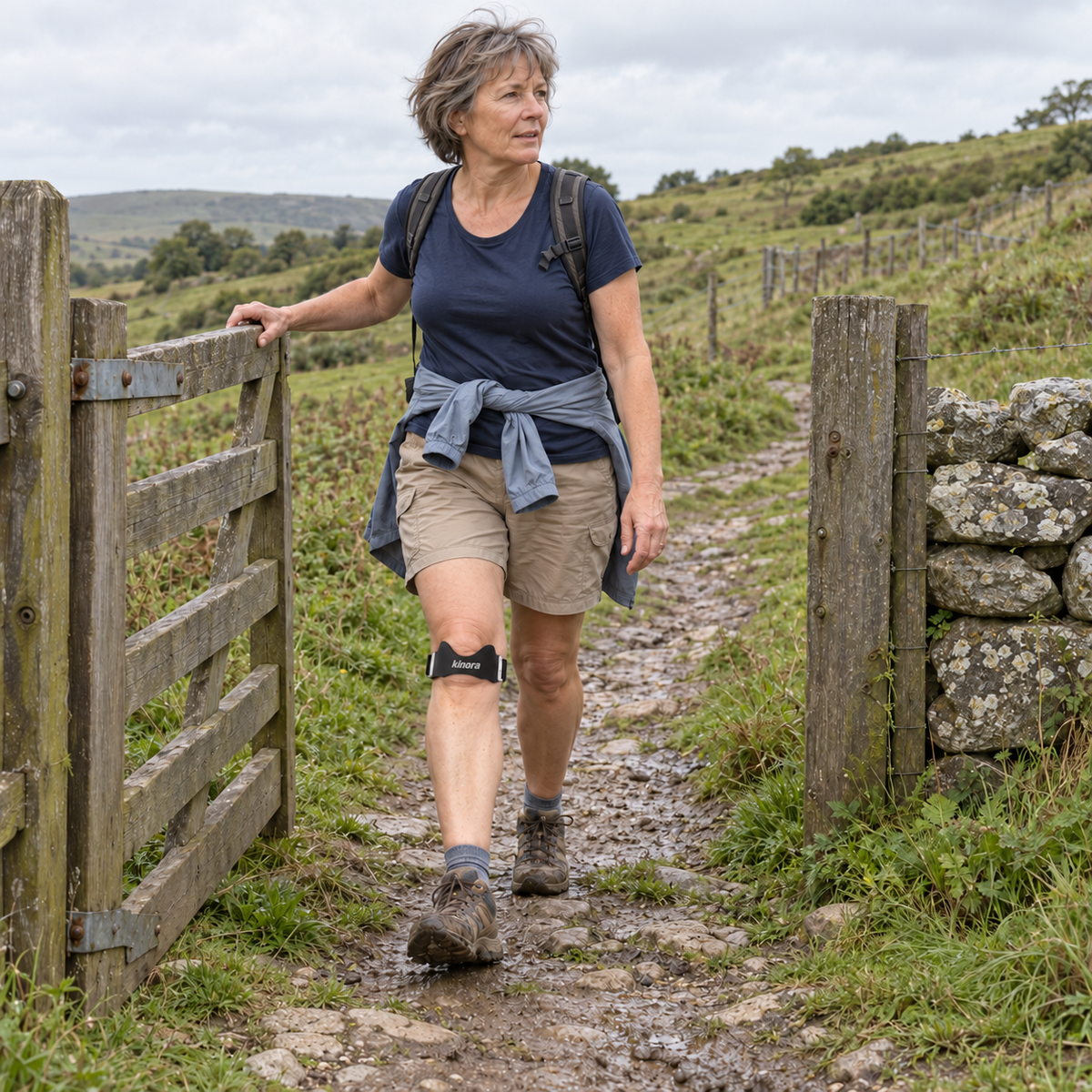 Woman wearing Kinora on a countryside walk