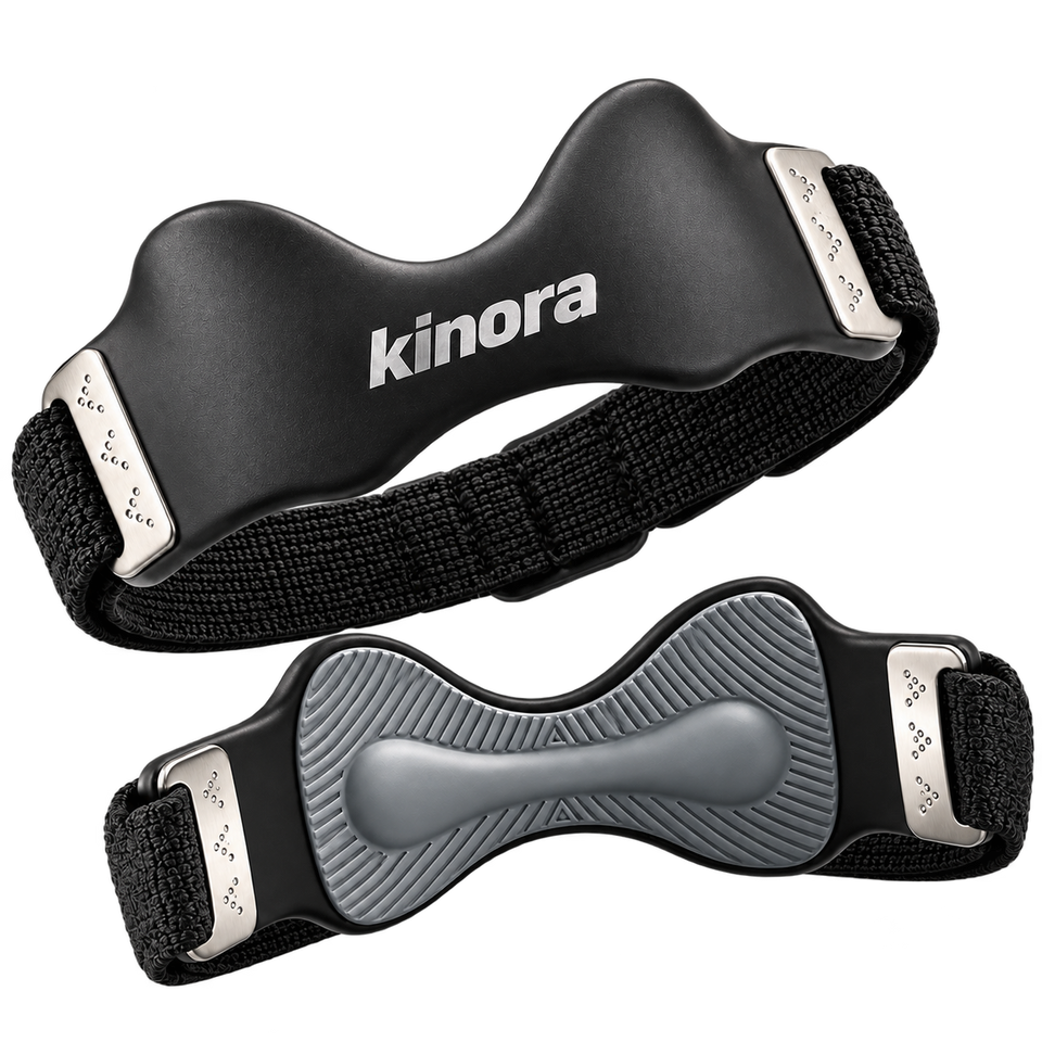 Two floating Kinora patellar knee straps, showing the front and shaped silicone pad