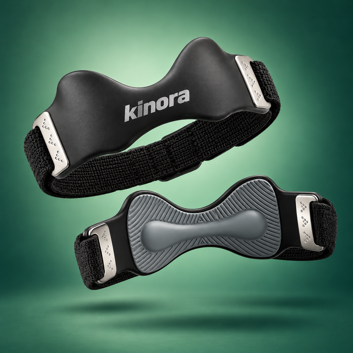 Two Kinora patellar knee straps floating on a green gradient, showing the front and silicone pad