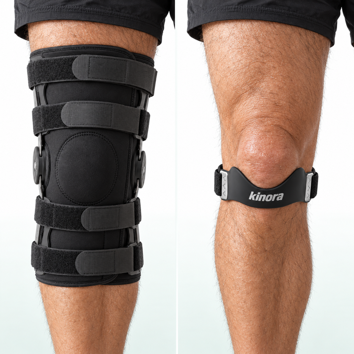 Full knee brace on the left and compact Kinora strap below the kneecap on the right