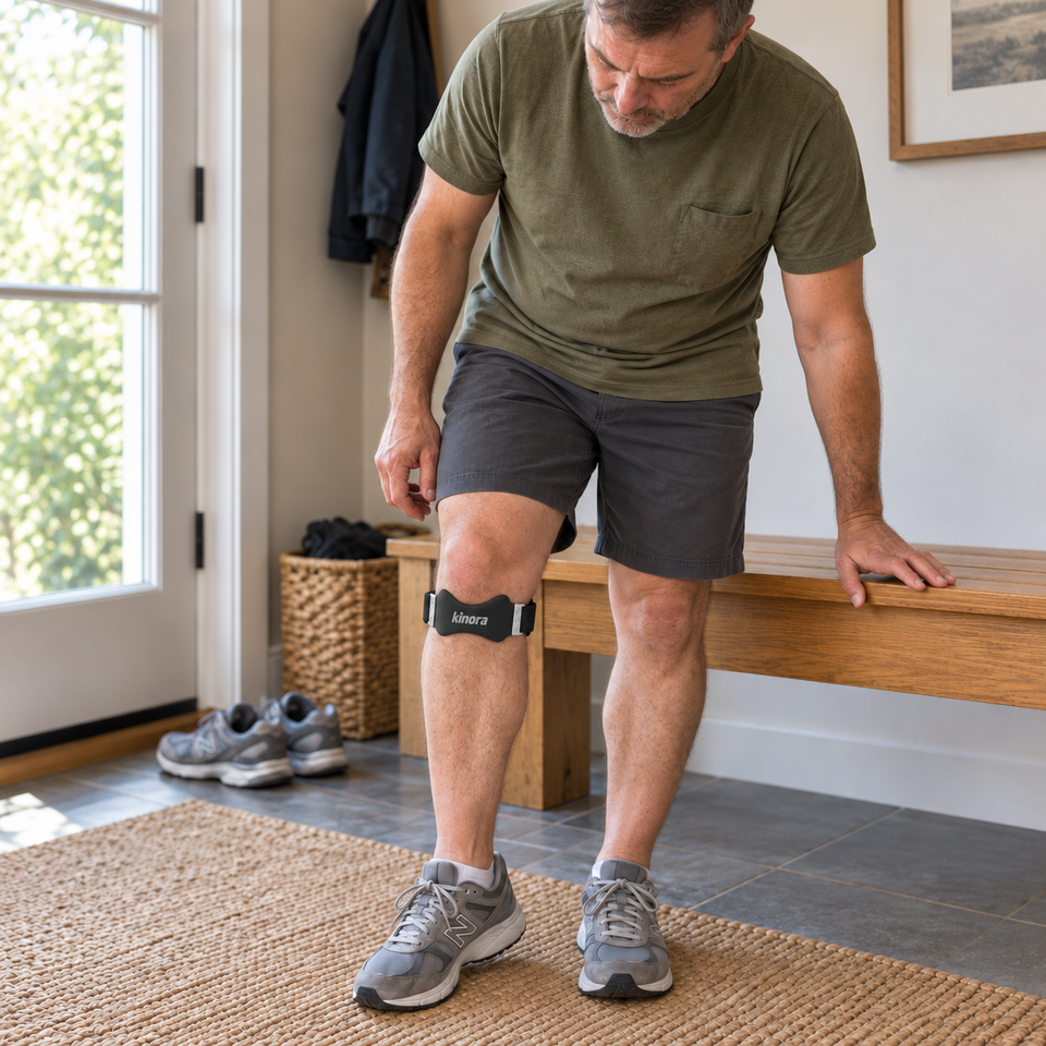 Man checking knee movement at home while wearing Kinora