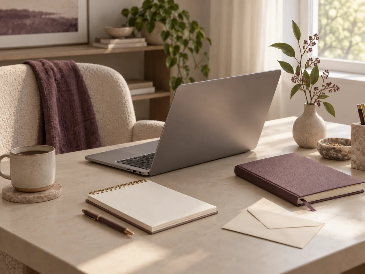 Sunlit workspace with laptop, notebook and envelope