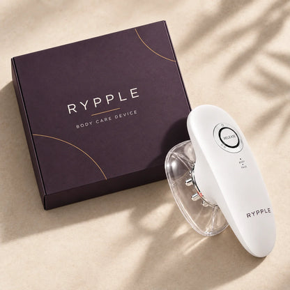 Overhead view of RYPPLE body care device with one clear cup and branded box