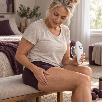 Woman after a workout holding RYPPLE while looking at natural thigh skin texture